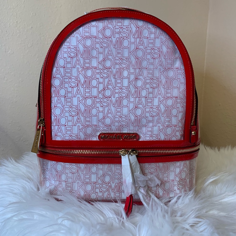 MK-Red Clear Rhea Logo Zip Medium Backpack